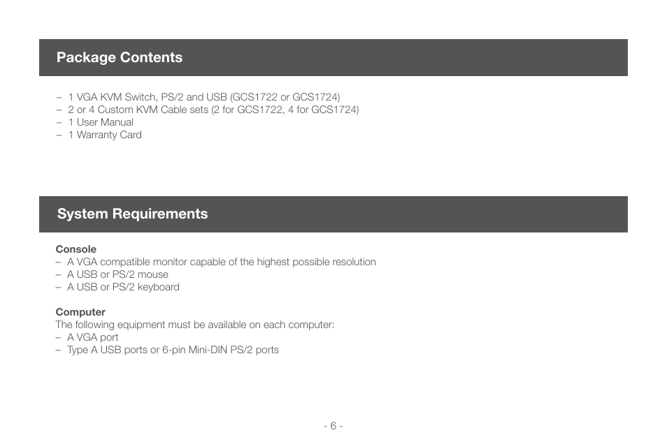 Package contents, System requirements | IOGear GCS1724 User Manual | Page 6 / 36