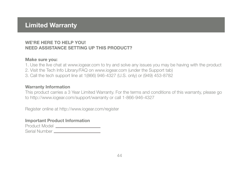 Limited warranty | IOGear GCS1782G User Manual | Page 44 / 48