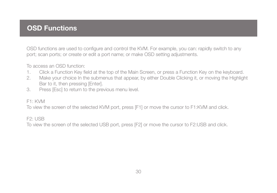 Osd functions | IOGear GCS1804 User Manual | Page 30 / 56