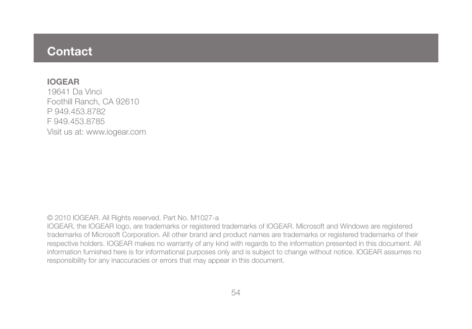 Contact | IOGear GCS1804 User Manual | Page 54 / 56