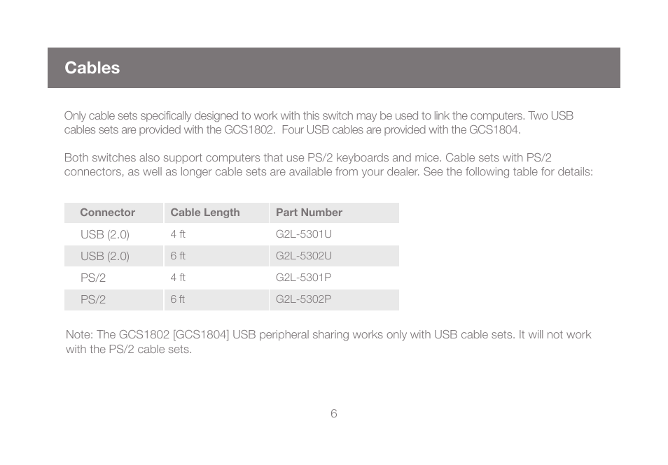 Cables | IOGear GCS1804 User Manual | Page 6 / 56