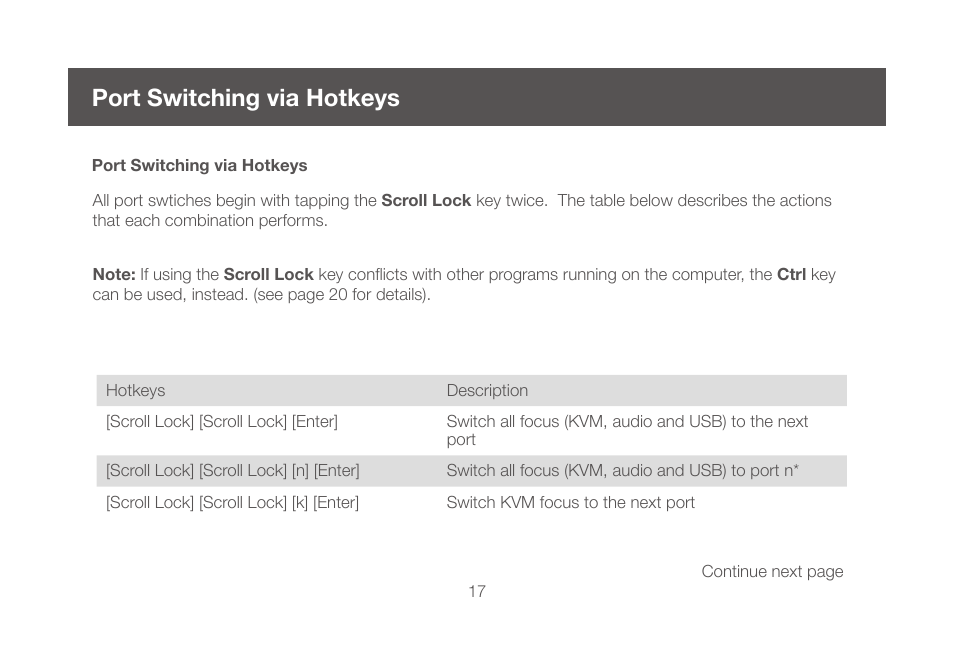 Port switching via hotkeys | IOGear GCS1924 User Manual | Page 17 / 38