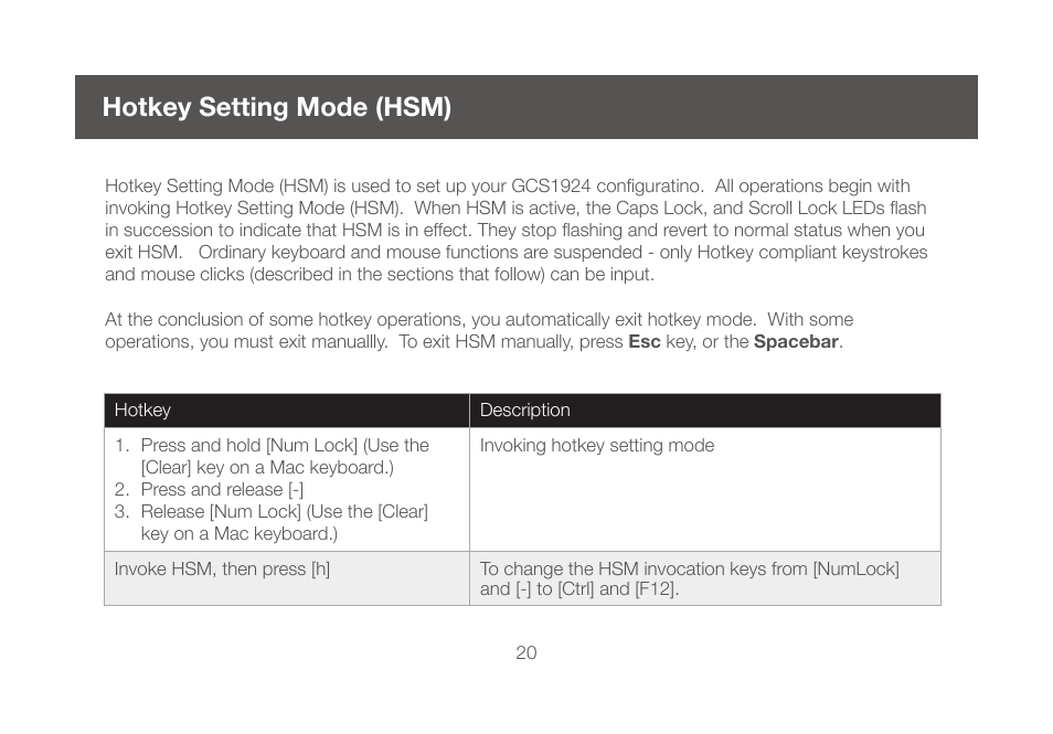 Hotkey setting mode (hsm) | IOGear GCS1924 User Manual | Page 20 / 38