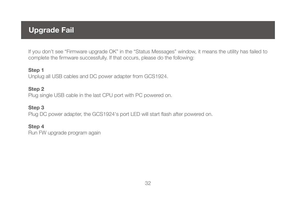 Upgrade fail | IOGear GCS1924 User Manual | Page 32 / 38