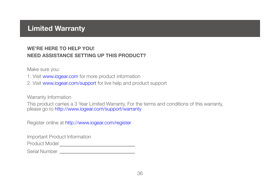 Limited warranty | IOGear GCS1924 User Manual | Page 36 / 38