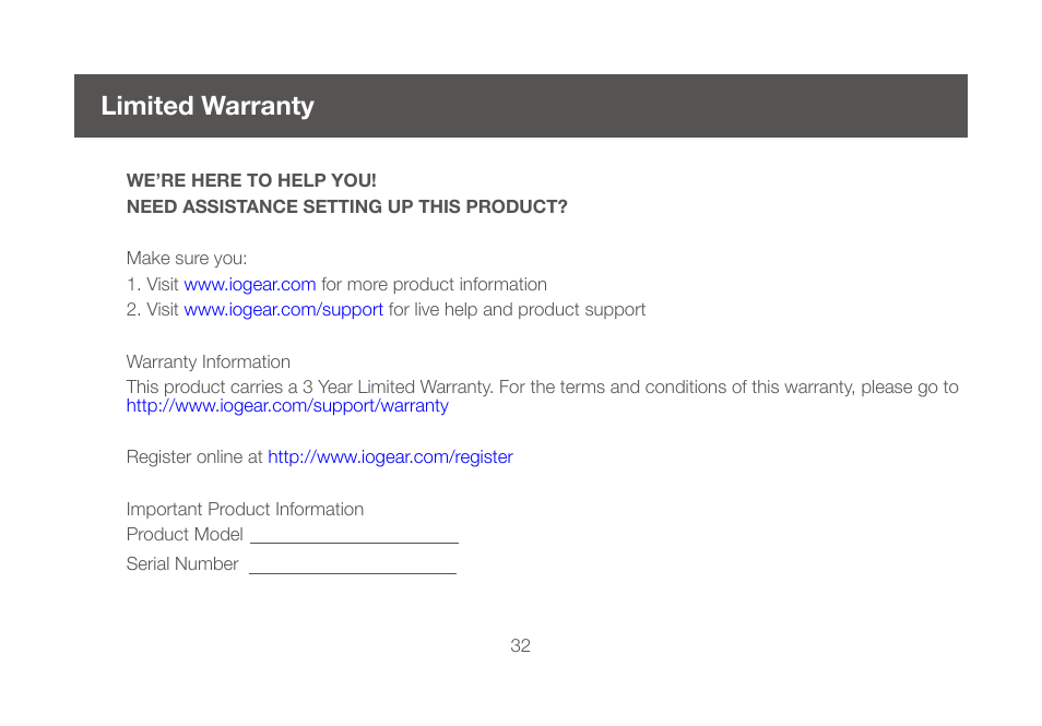 Limited warranty | IOGear GCS632UW6 Manual User Manual | Page 32 / 36