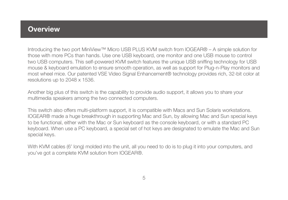 Overview, Overview 5 | IOGear GCS632UW6 Manual User Manual | Page 5 / 36
