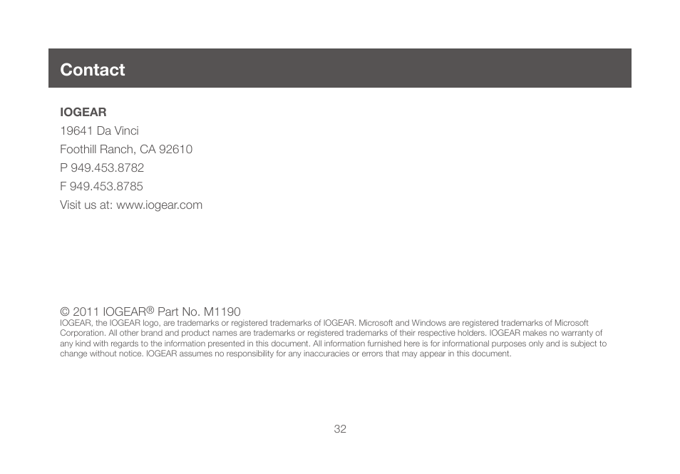 Contact, Contact 32 | IOGear GCS642U User Manual | Page 32 / 34