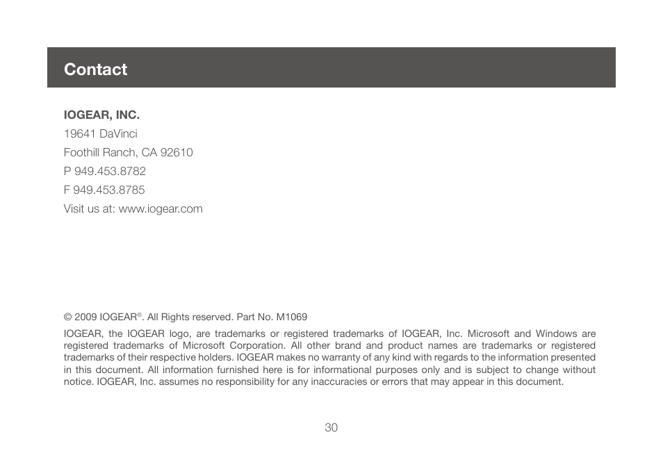 Contact | IOGear GCS661UW6 User Manual | Page 30 / 32