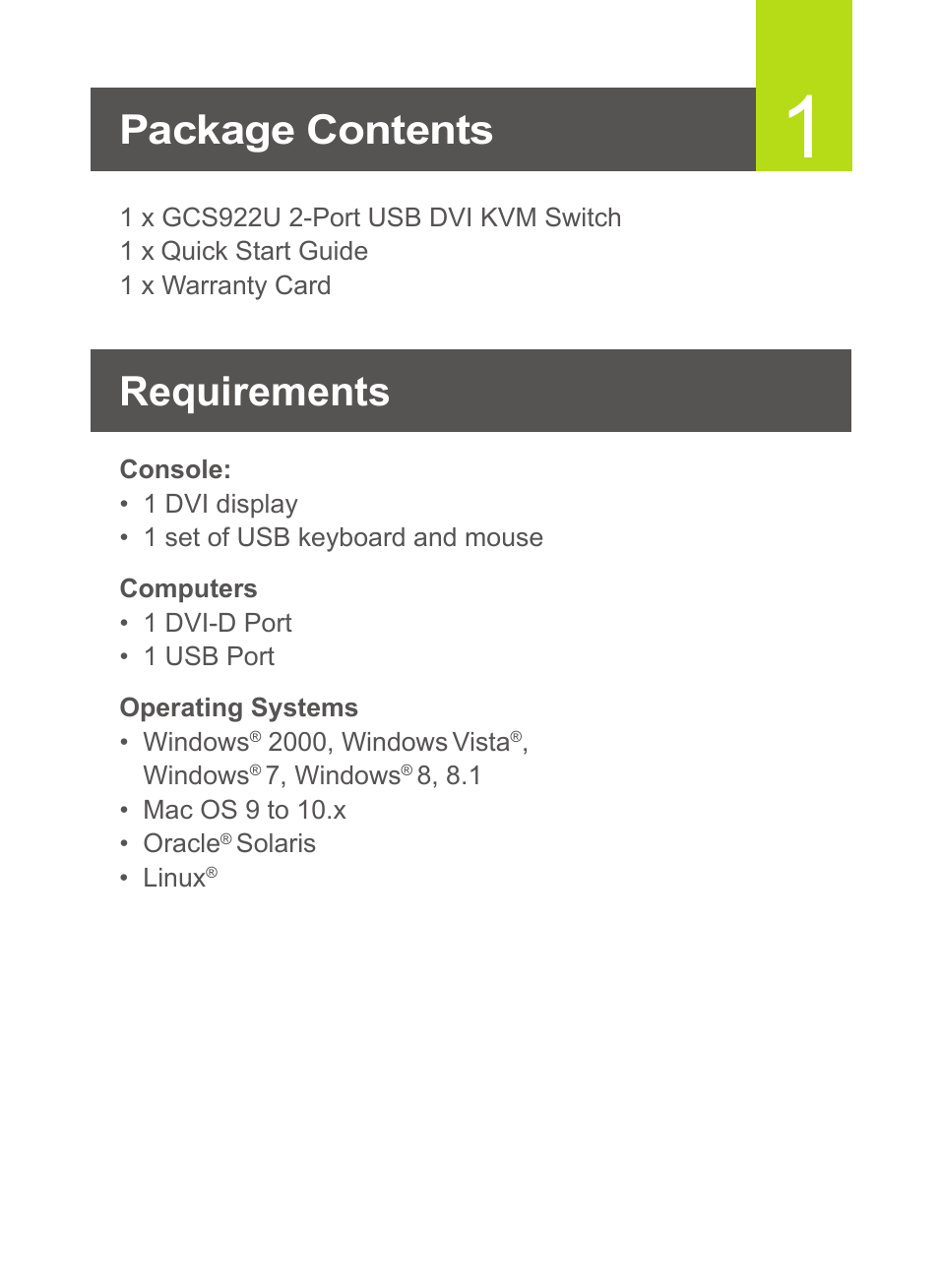 Requirements package contents | IOGear GCS922U User Manual | Page 2 / 6