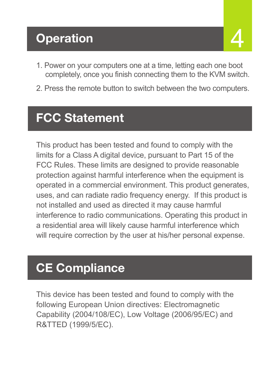 Operation ce compliance, Fcc statement | IOGear GCS922U User Manual | Page 5 / 6