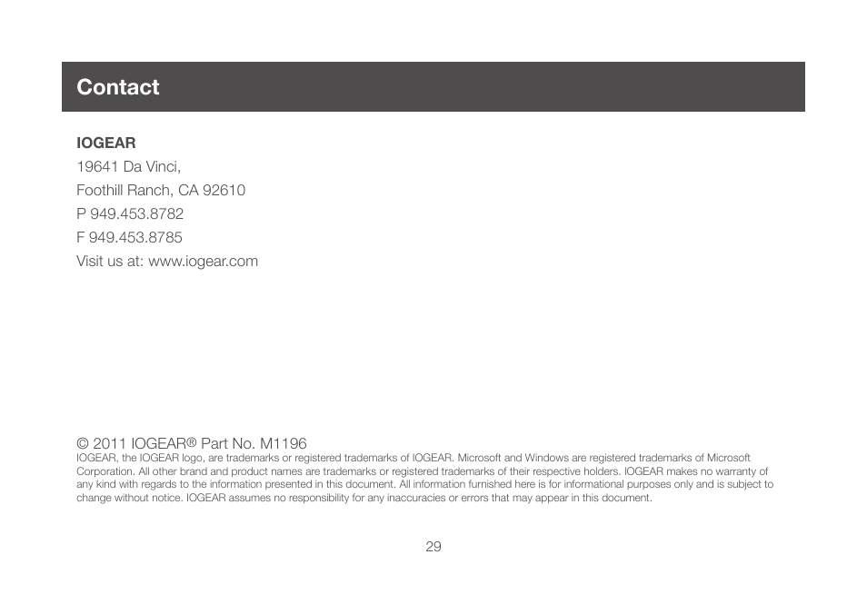 Contact | IOGear GCS982U User Manual | Page 29 / 30