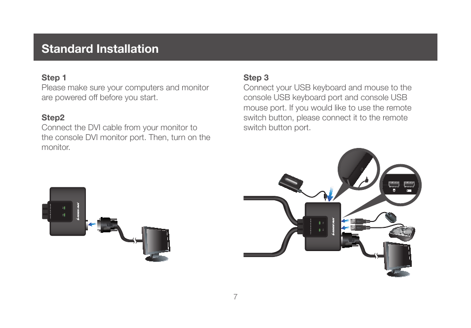 Standard installation, Port usb dual-link dvi-d cable kvm | IOGear GCS982U User Manual | Page 7 / 30