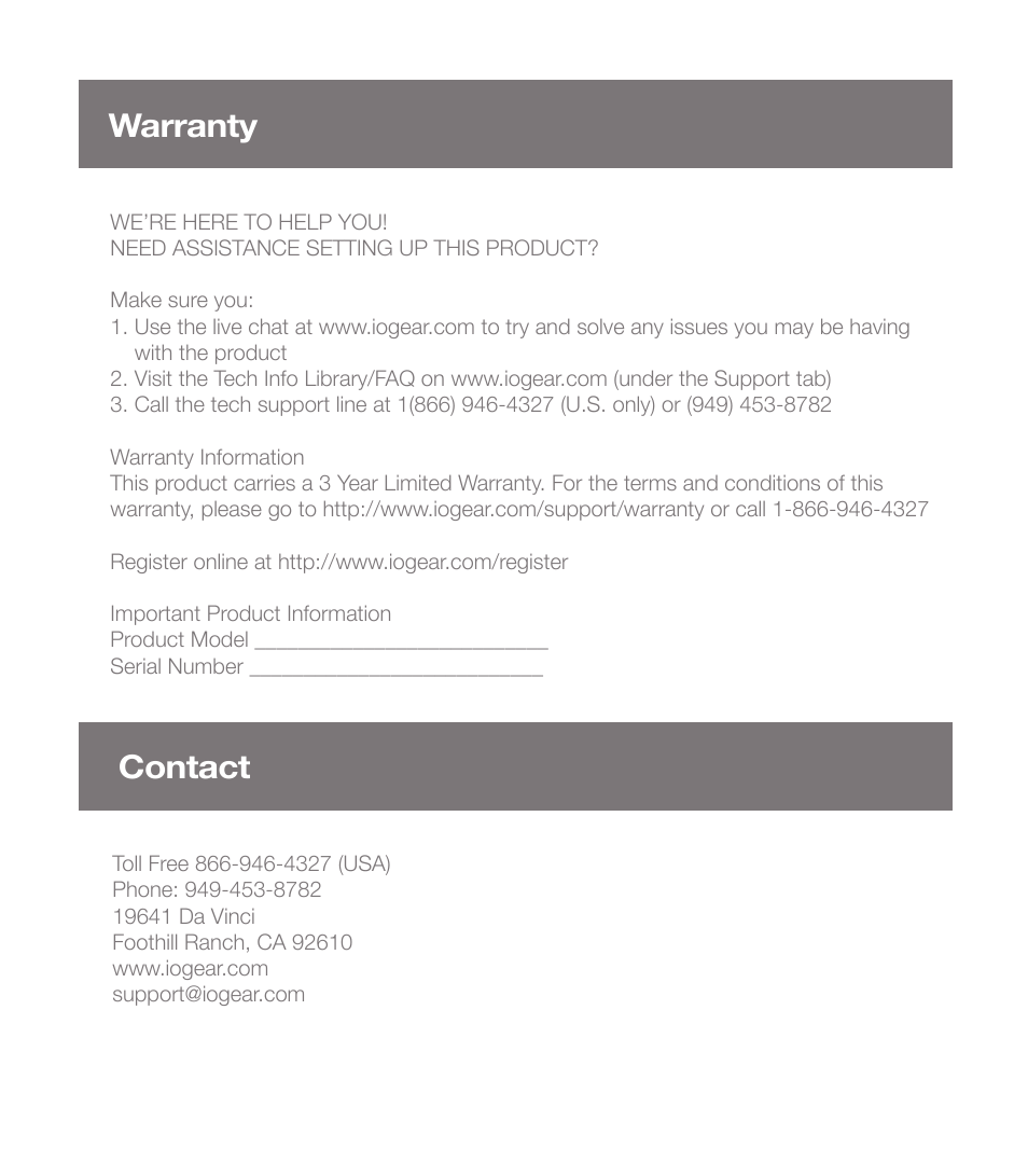 Warranty contact | IOGear GEU302 User Manual | Page 7 / 8