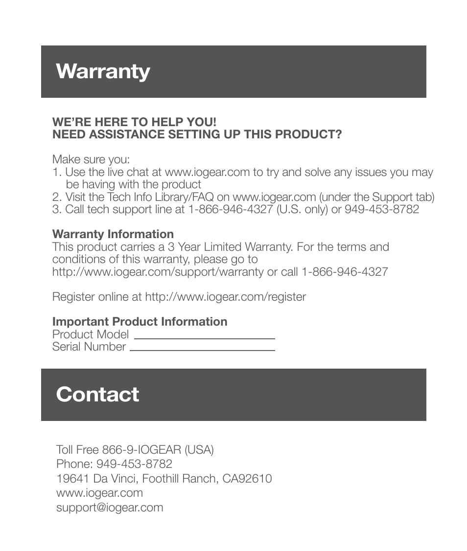 Warranty contact | IOGear GFR381 User Manual | Page 7 / 8
