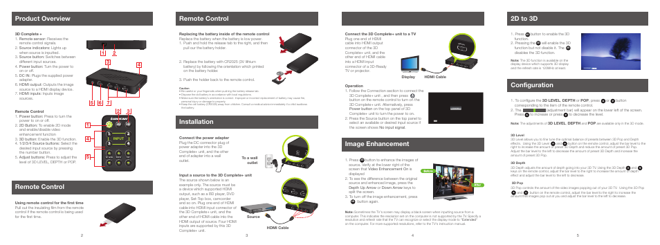 Product overview, Remote control, Installation | 2d to 3d, Configuration, Image enhancement | IOGear GHDSSW4 User Manual | Page 2 / 2