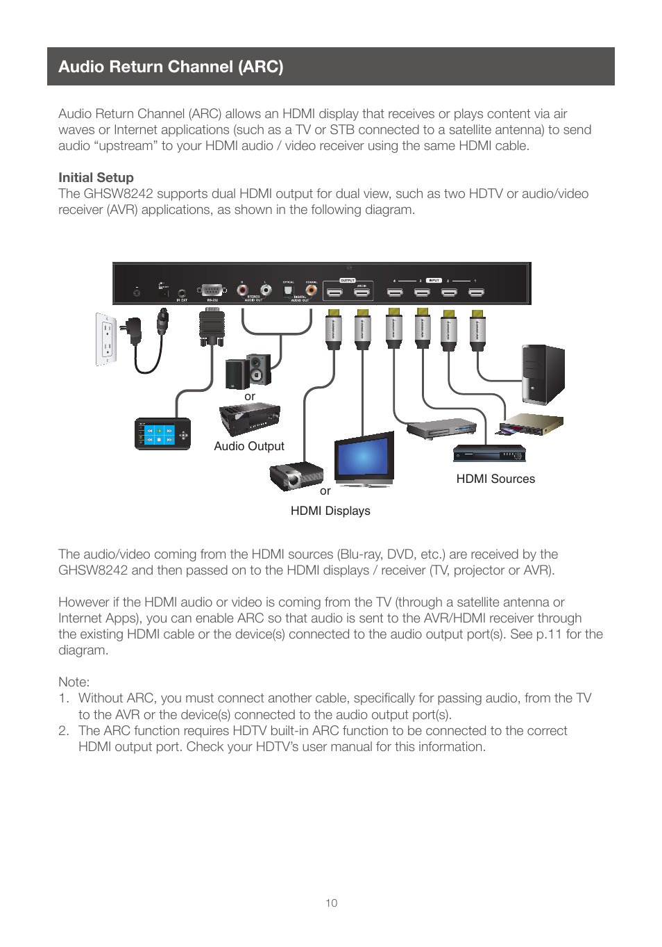 Audio return channel (arc), Initial setup | IOGear GHSW8242 Manual User Manual | Page 10 / 28