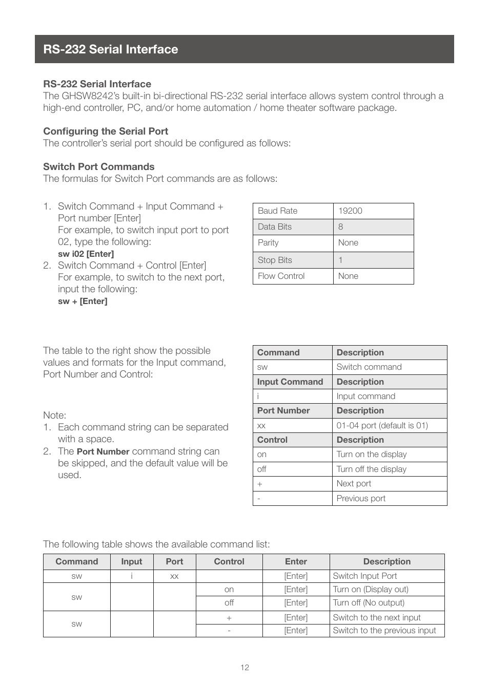 Rs-232 serial interface, Configuring the serial port, Switch port commands | Configuring the serial port switch port commands | IOGear GHSW8242 Manual User Manual | Page 12 / 28