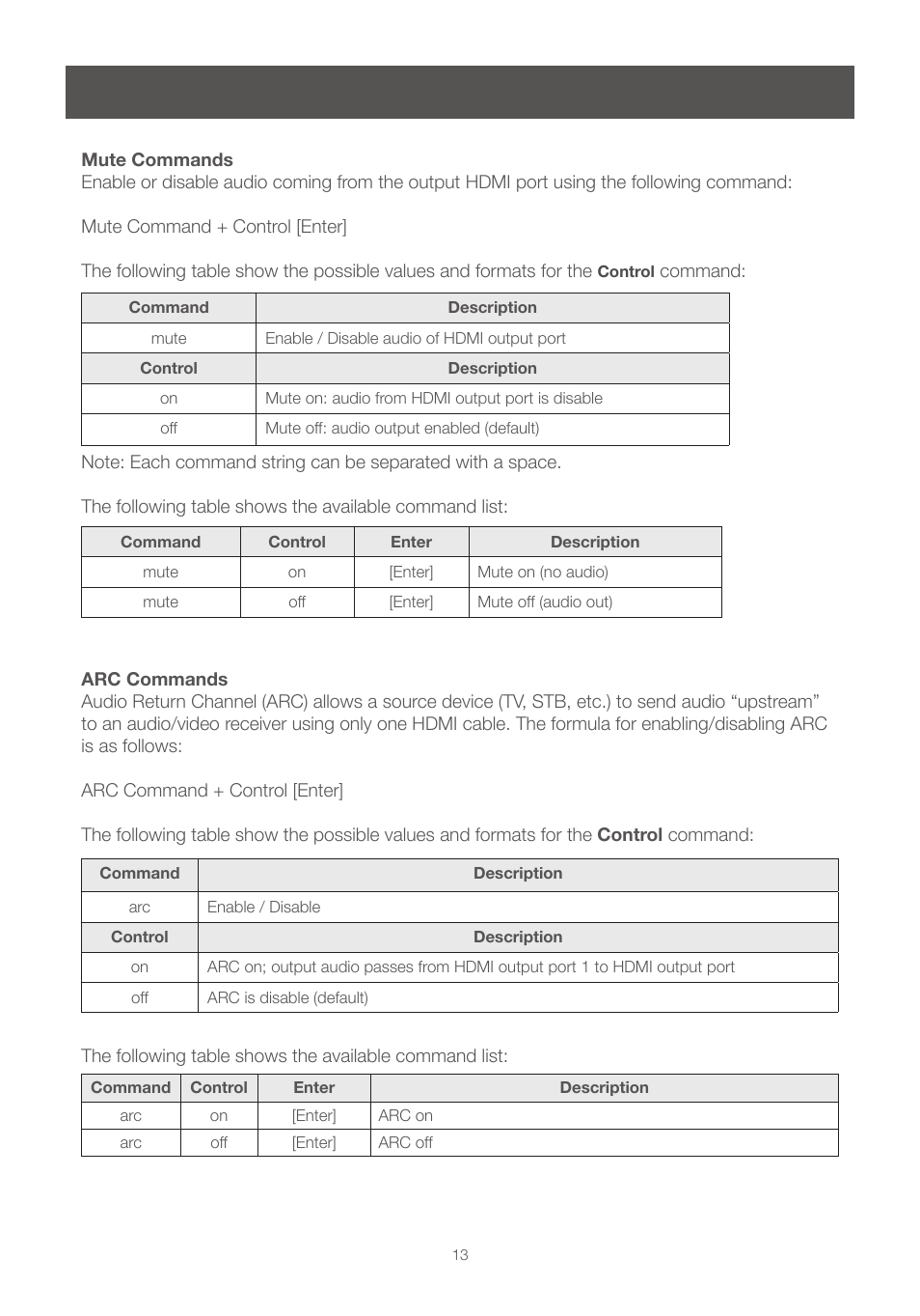 Mute commands, Arc commands, Mute commands arc commands | IOGear GHSW8242 Manual User Manual | Page 13 / 28