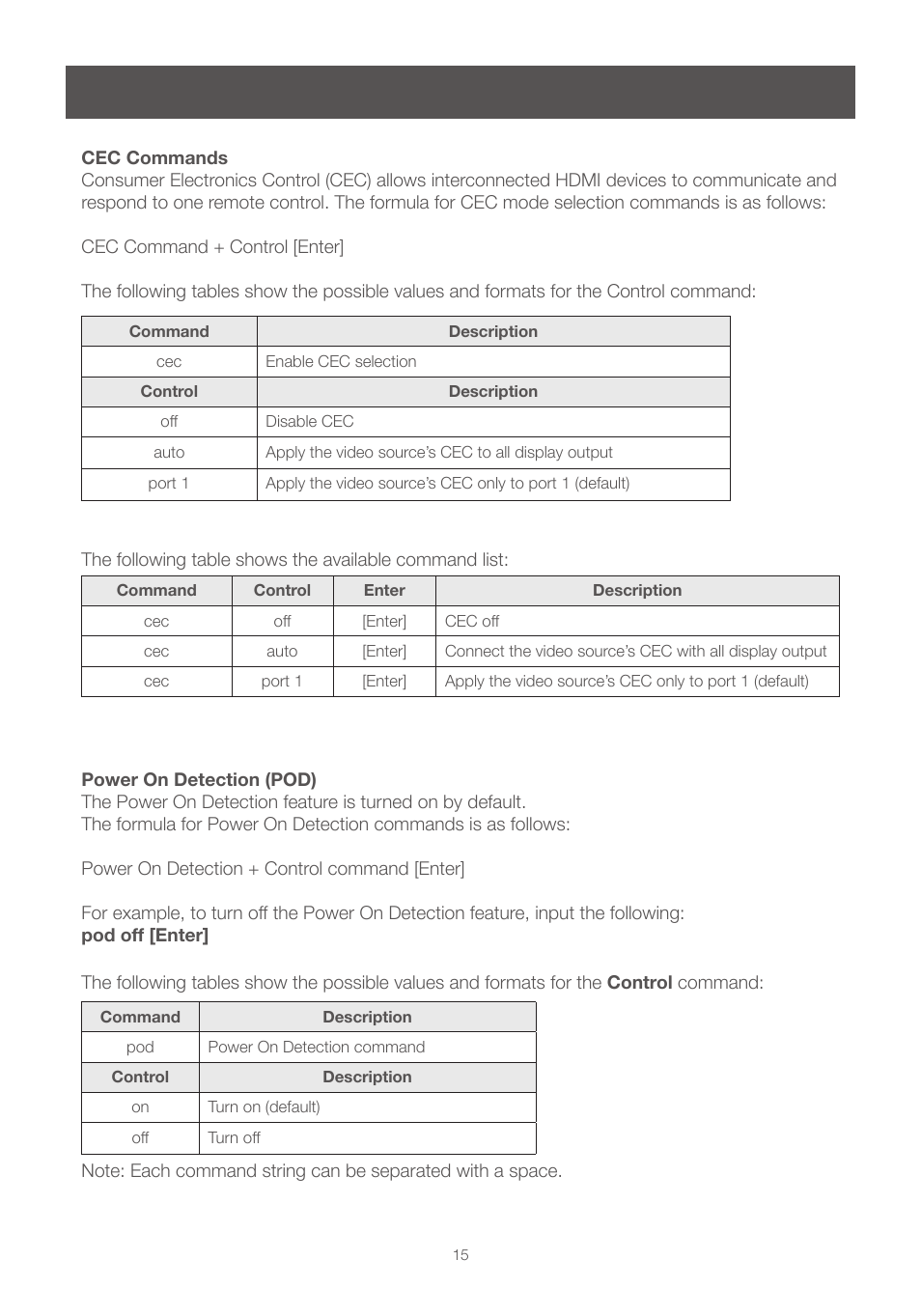 Cec commands, Power on detection (pod), Cec commands power on detection (pod) | IOGear GHSW8242 Manual User Manual | Page 15 / 28