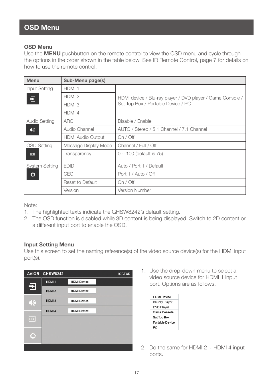 Osd menu, Input setting menu | IOGear GHSW8242 Manual User Manual | Page 17 / 28