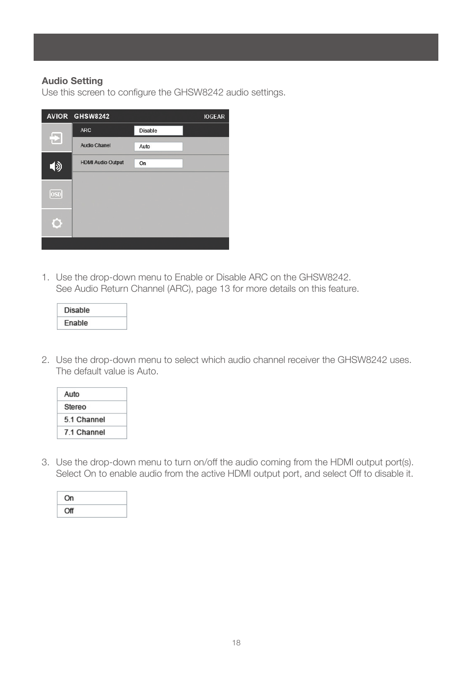 Audio setting | IOGear GHSW8242 Manual User Manual | Page 18 / 28