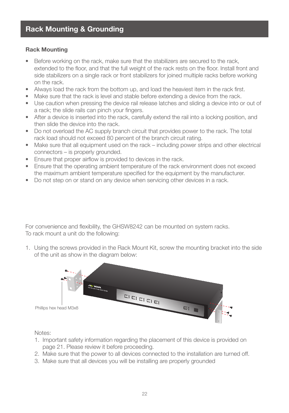 Hardware setup, Limited warranty contact, Rack mounting & grounding | IOGear GHSW8242 Manual User Manual | Page 22 / 28