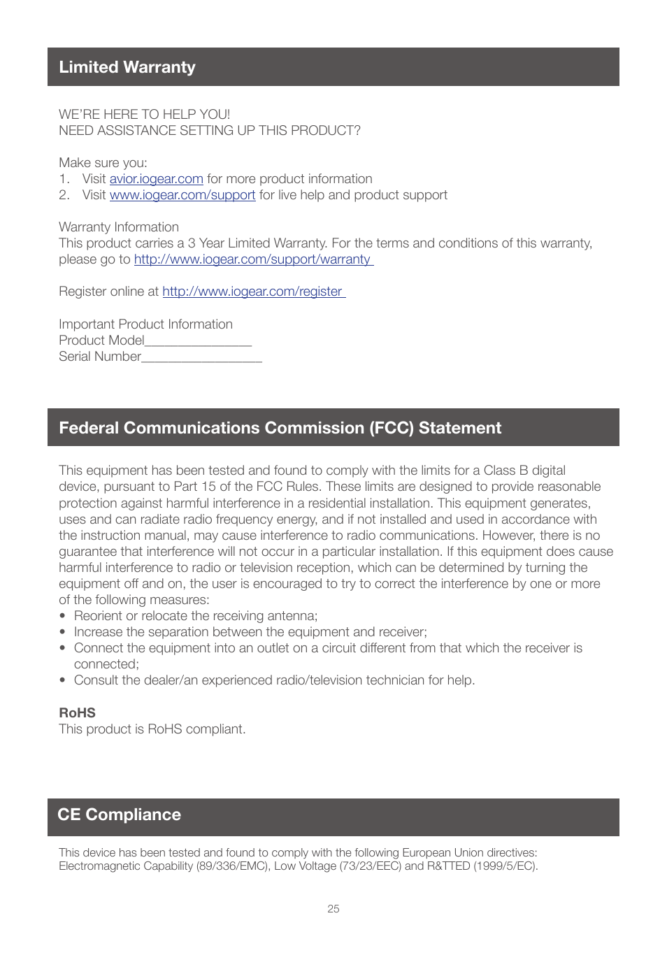 Limited warranty, Federal communications commission (fcc) statement, Ce compliance | IOGear GHSW8242 Manual User Manual | Page 25 / 28