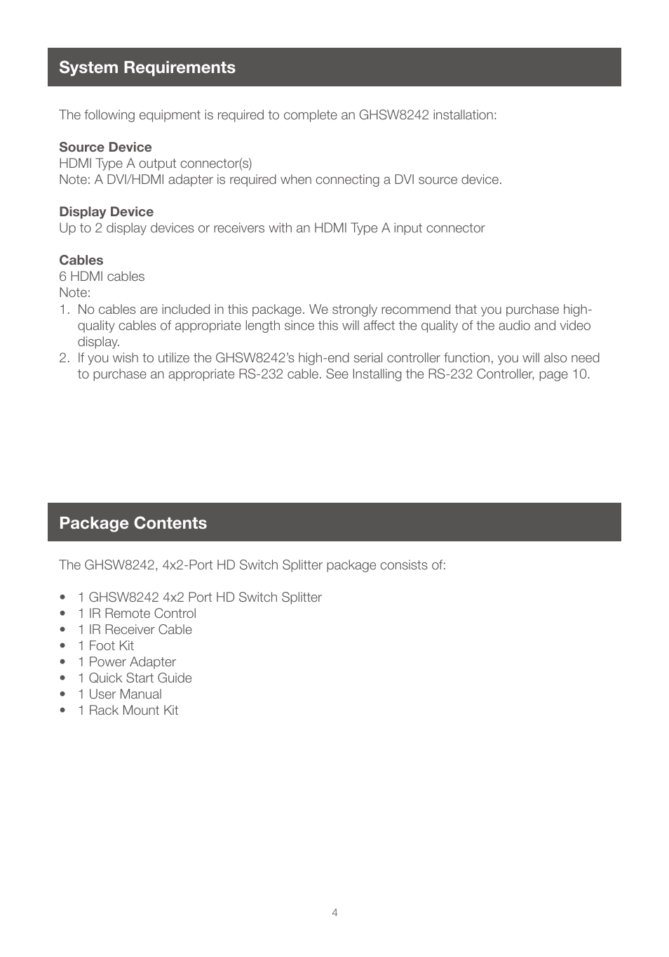 System requirements, Package contents, System requirements package contents | IOGear GHSW8242 Manual User Manual | Page 4 / 28