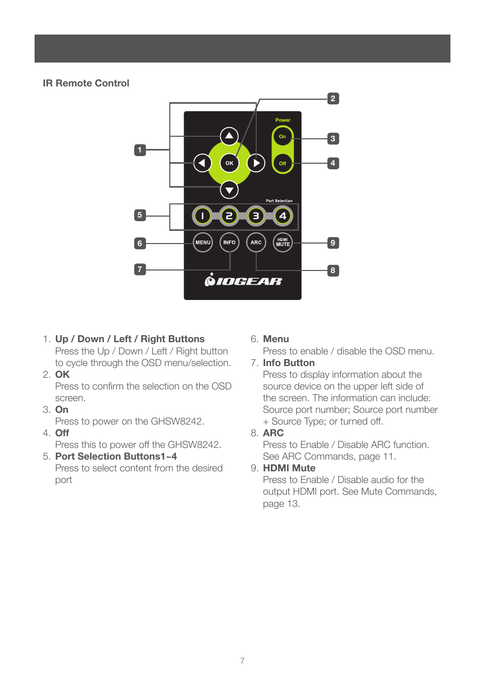 Ir remote control | IOGear GHSW8242 Manual User Manual | Page 7 / 28