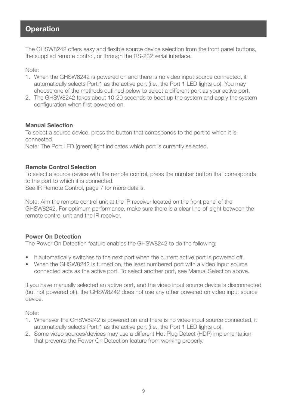 Operation, Manual selection, Remote control selection | Power on detection | IOGear GHSW8242 Manual User Manual | Page 9 / 28