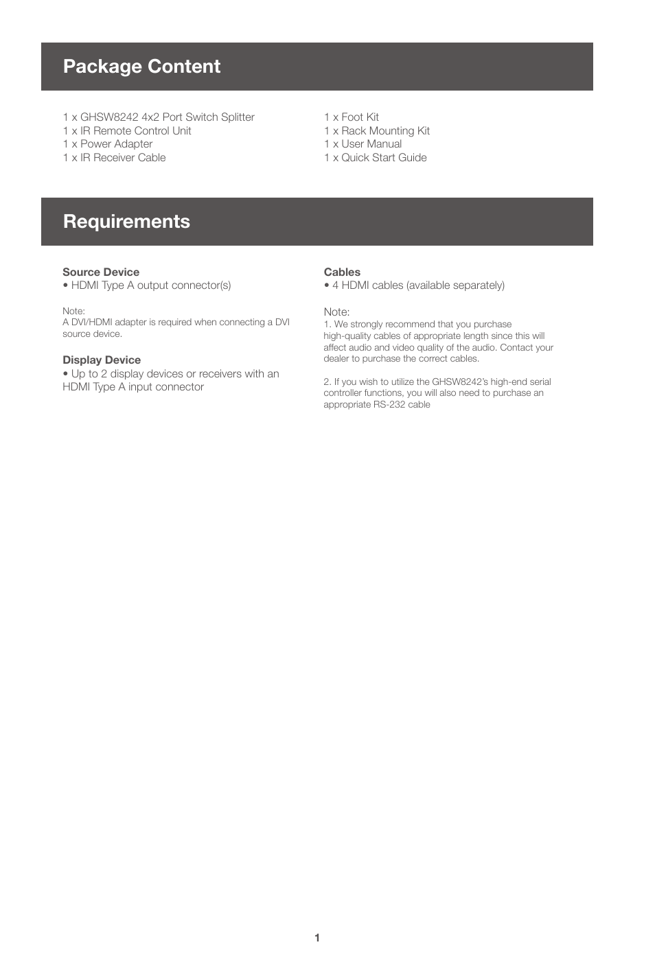 Package content, Requirements | IOGear GHSW8242 Quick Start User Manual | Page 2 / 7