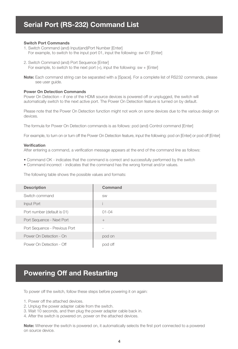 Serial port (rs-232) command list, Powering off and restarting | IOGear GHSW8242 Quick Start User Manual | Page 5 / 7