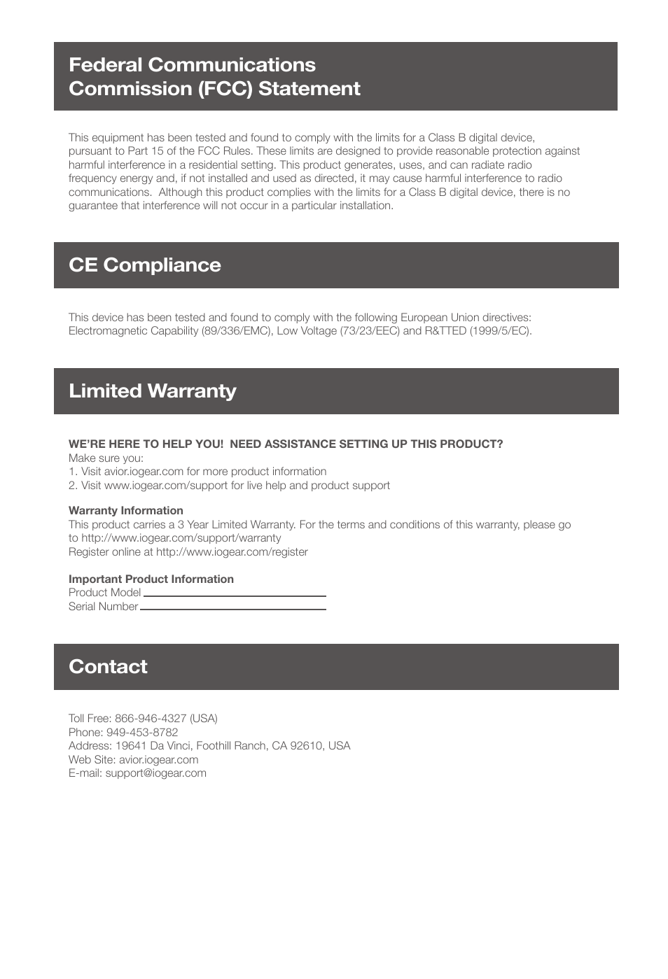 Limited warranty contact | IOGear GHSW8242 Quick Start User Manual | Page 7 / 7