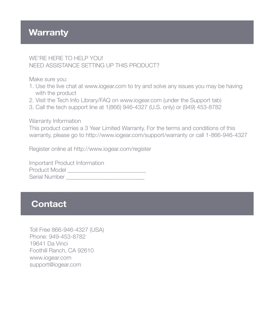 Warranty contact | IOGear GIC320U User Manual | Page 7 / 8