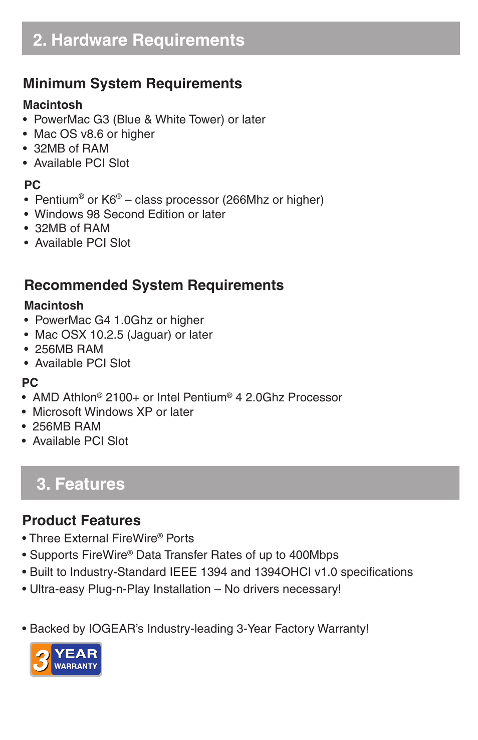 Hardware requirements, Features, Product features | Minimum system requirements, Recommended system requirements | IOGear GIC430F User Manual | Page 3 / 8