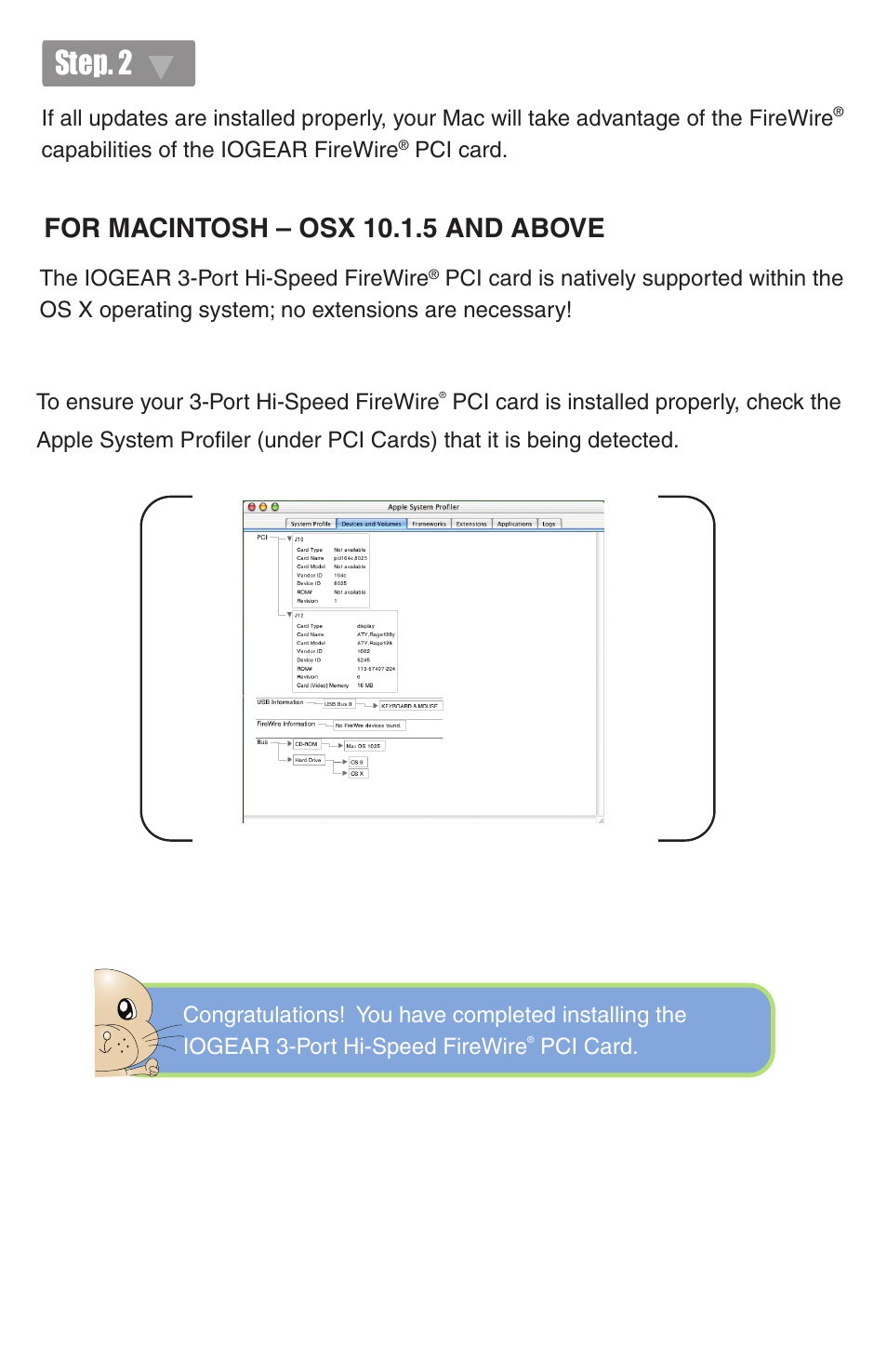 Step. 2, For macintosh – osx 10.1.5 and above | IOGear GIC430F User Manual | Page 7 / 8