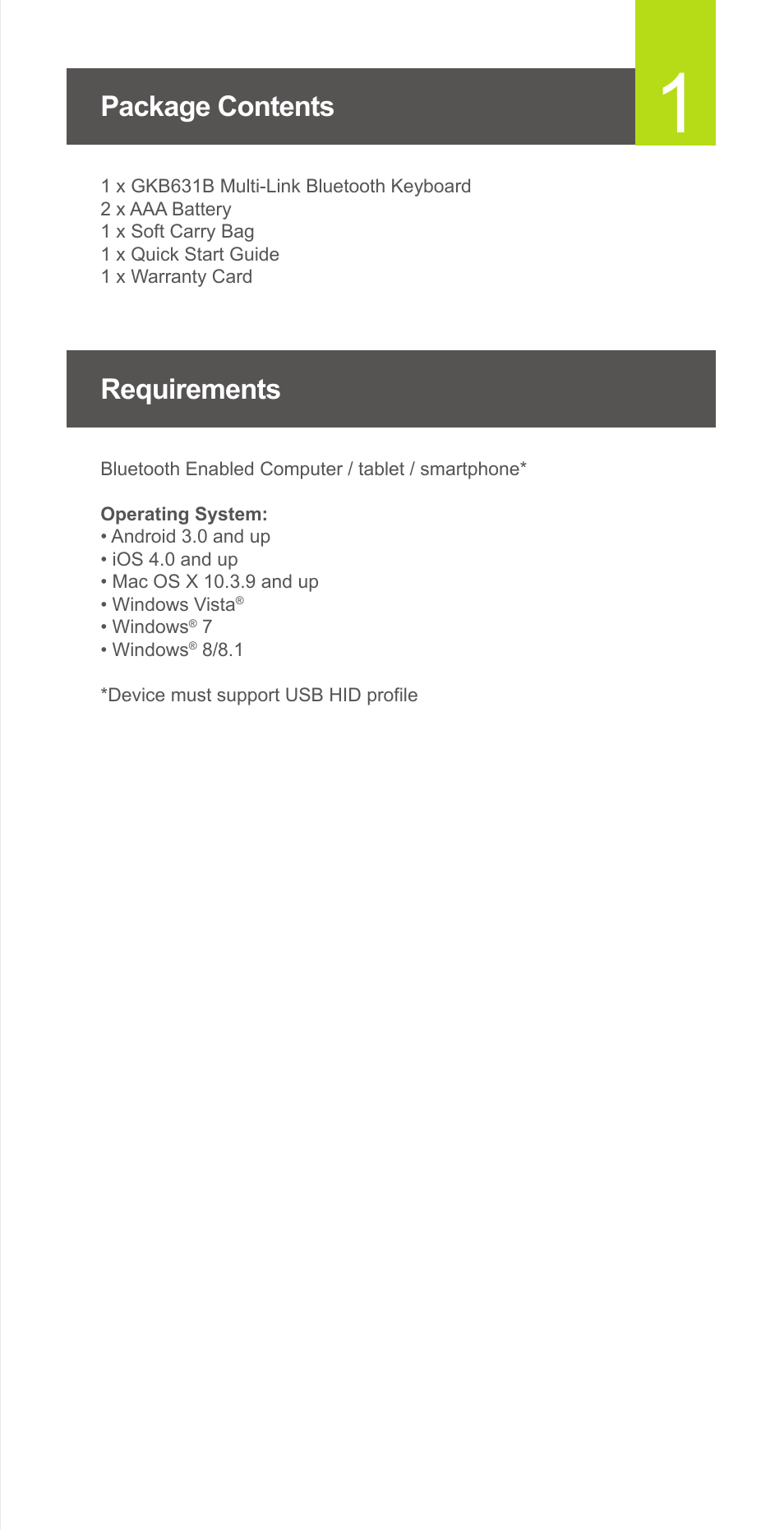Package contents, Requirements | IOGear GKB631B User Manual | Page 2 / 7