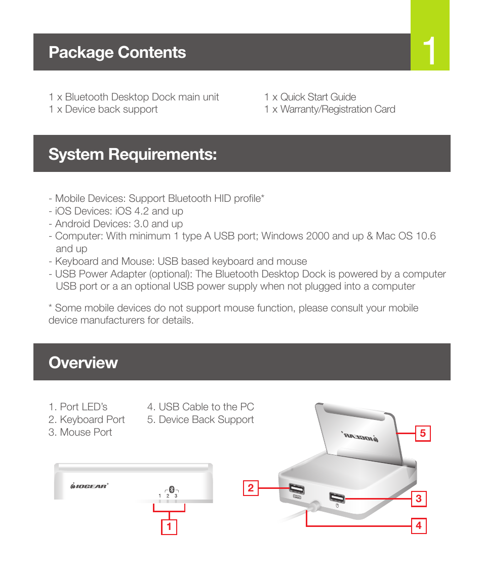 Package contents, System requirements, Overview | IOGear GKMB01 Quick Start User Manual | Page 2 / 8