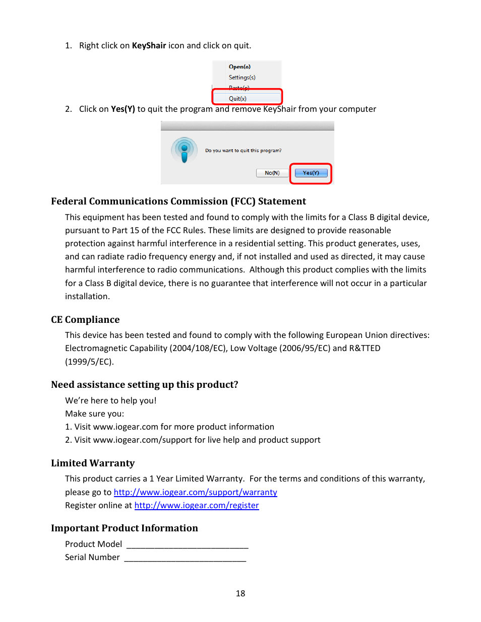 Federal communications commission (fcc) statement, Ce compliance, Need assistance setting up this product | Limited warranty, Important product information | IOGear GKMB02 Manual User Manual | Page 18 / 19