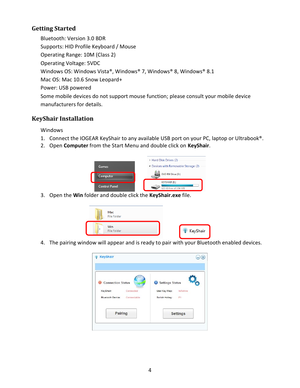 Getting started, Keyshair installation, Windows | IOGear GKMB02 Manual User Manual | Page 4 / 19