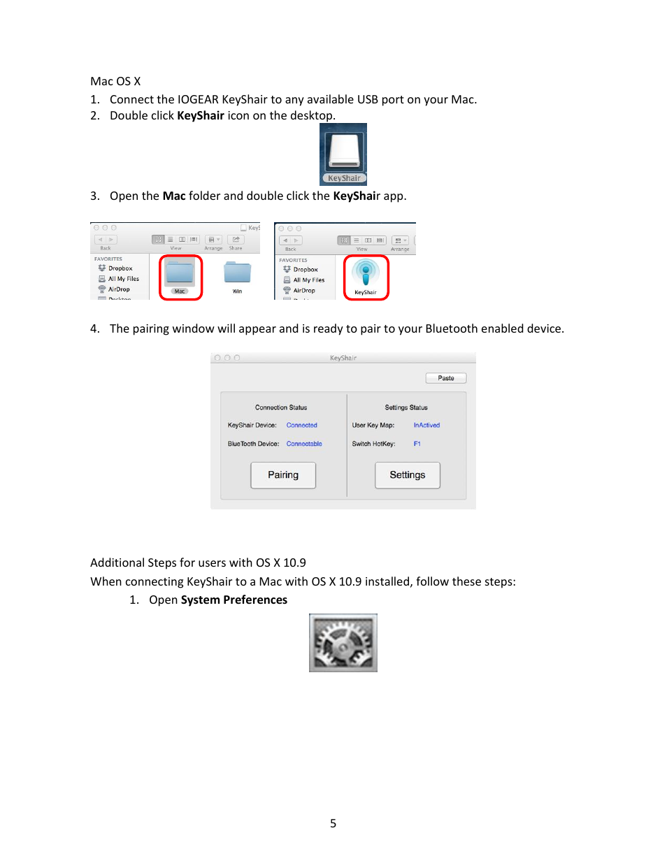 Mac os x, Additional steps for users with os x 10.9 | IOGear GKMB02 Manual User Manual | Page 5 / 19