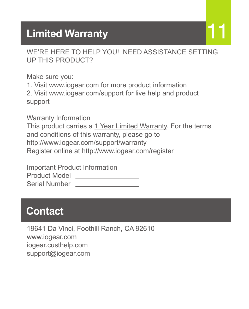 Limited warranty, Contact | IOGear GKMB02 Quick Start User Manual | Page 12 / 12