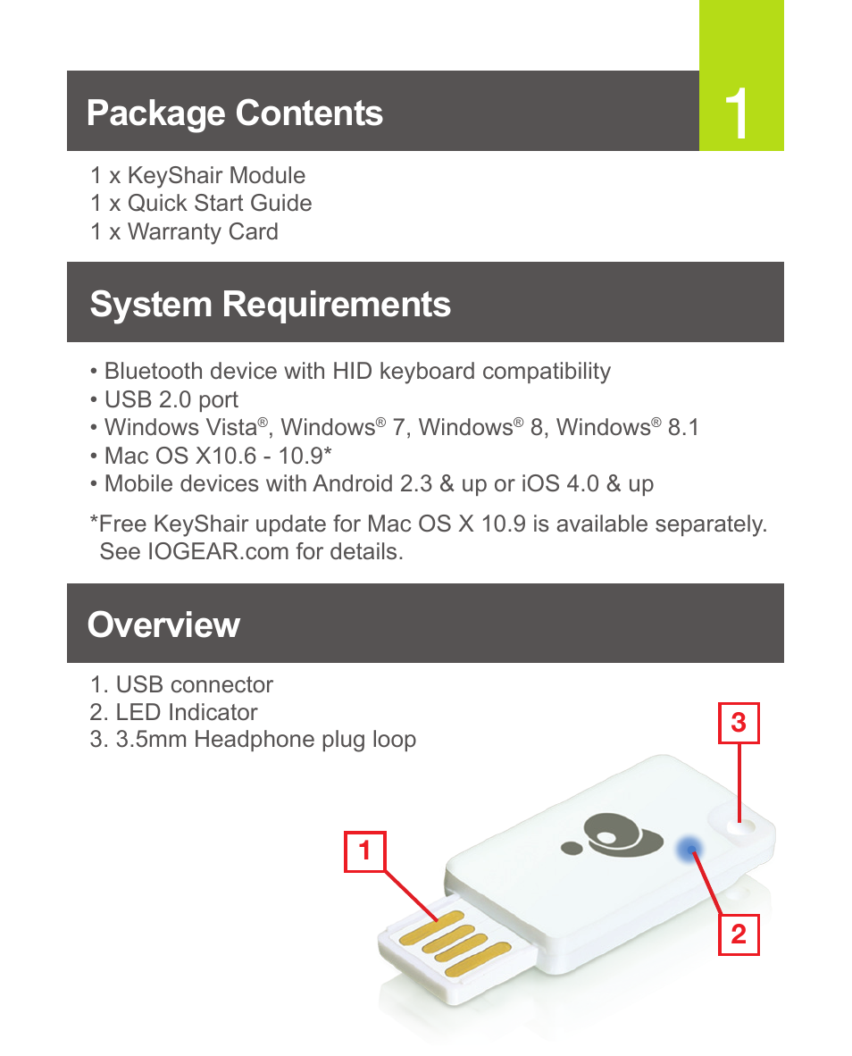 Package contents system requirements overview | IOGear GKMB02 Quick Start User Manual | Page 2 / 12
