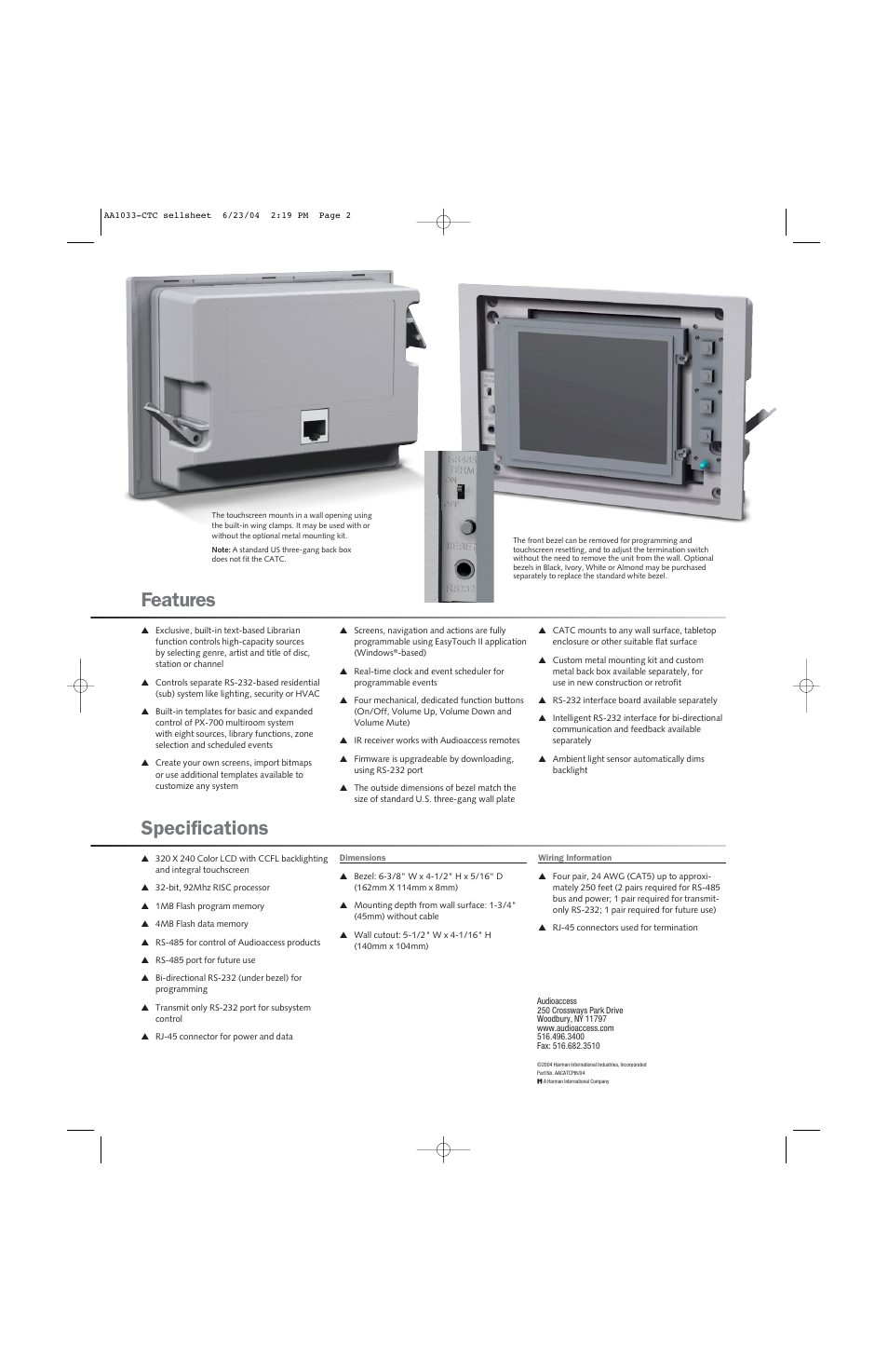Features specifications | Audioaccess PX-700 User Manual | Page 2 / 2