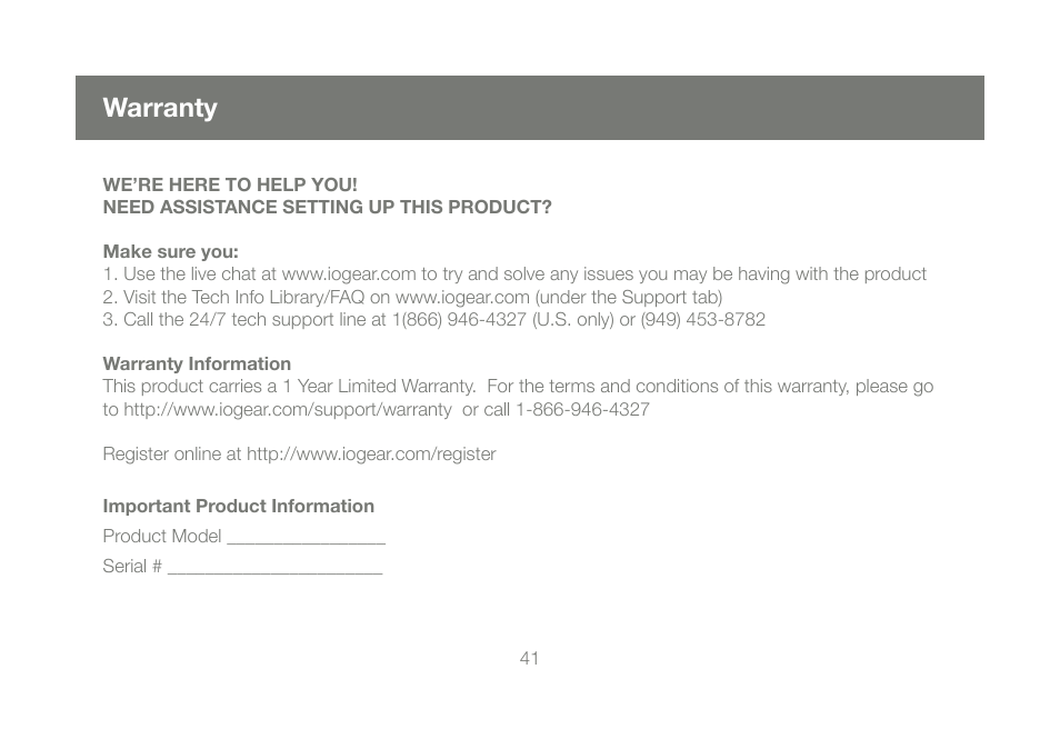 Warranty | IOGear GMD2025U120A Manual User Manual | Page 41 / 44