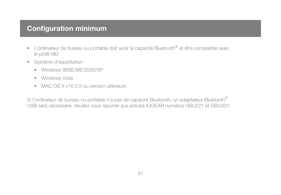 Confi guration minimum | IOGear GME228BW6 User Manual | Page 31 / 84