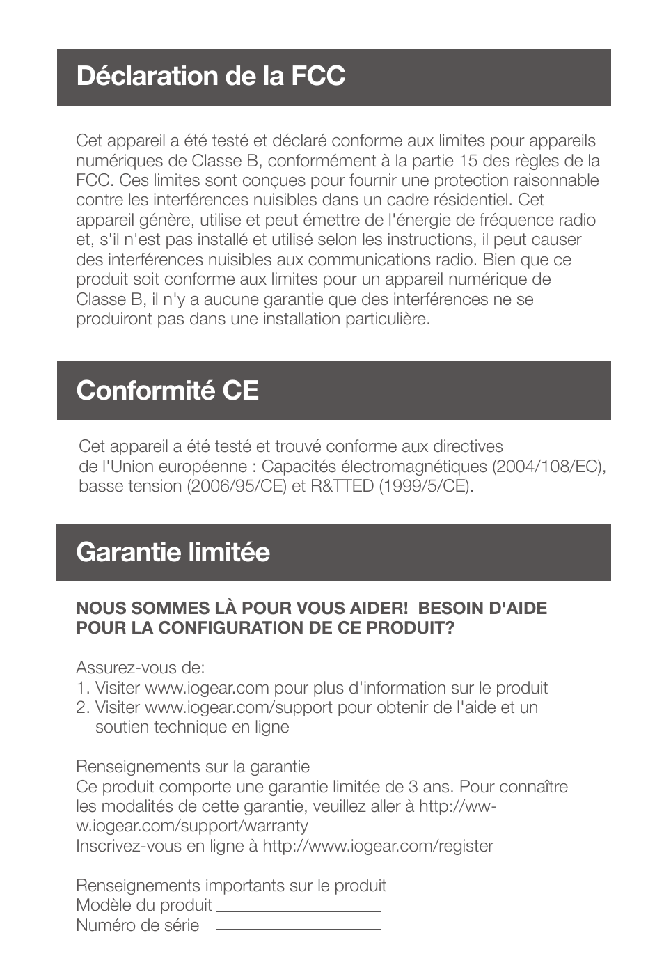 Déclaration de la fcc, Conformité ce, Garantie limitée | IOGear GME435G User Manual | Page 11 / 16
