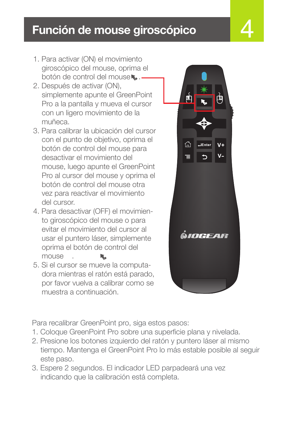 Función de mouse giroscópico | IOGear GME435G User Manual | Page 15 / 16
