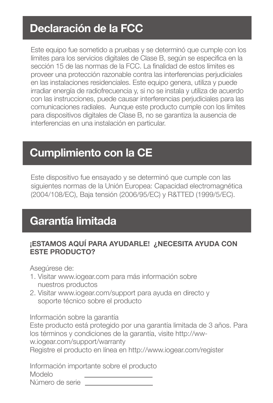 Declaración de la fcc, Cumplimiento con la ce, Garantía limitada | IOGear GME435G User Manual | Page 16 / 16